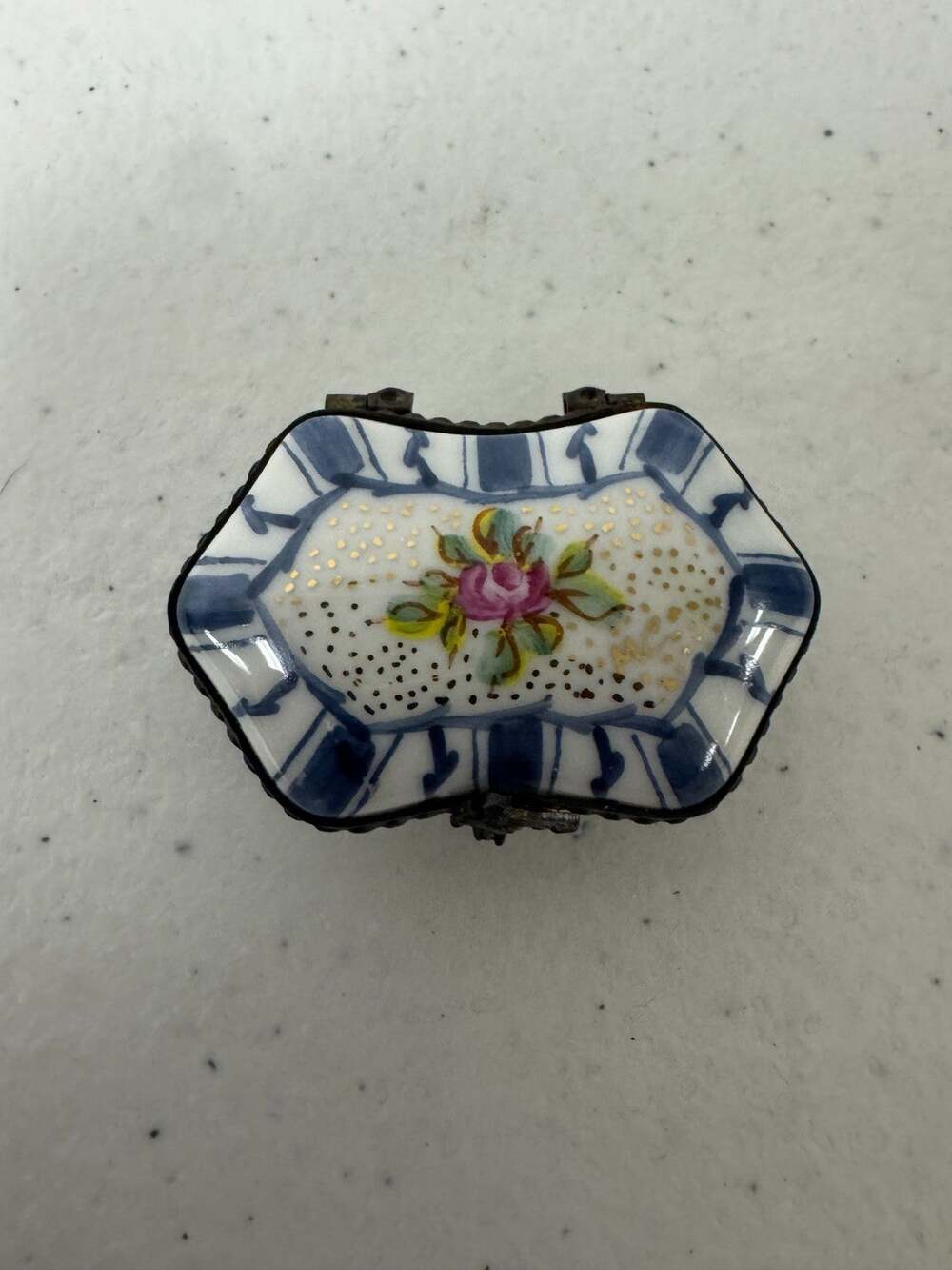 Vtg Limoges Rochard France Trinket Box Blue Stripes Rose Floral Hand Painted